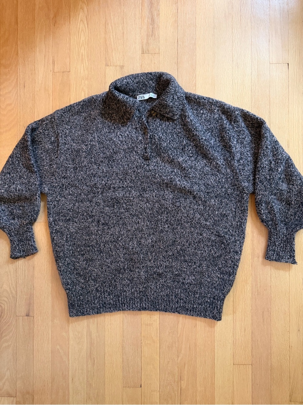 Zara - Brown/Gray/Black Knit Sweater, Buttons with Collar
